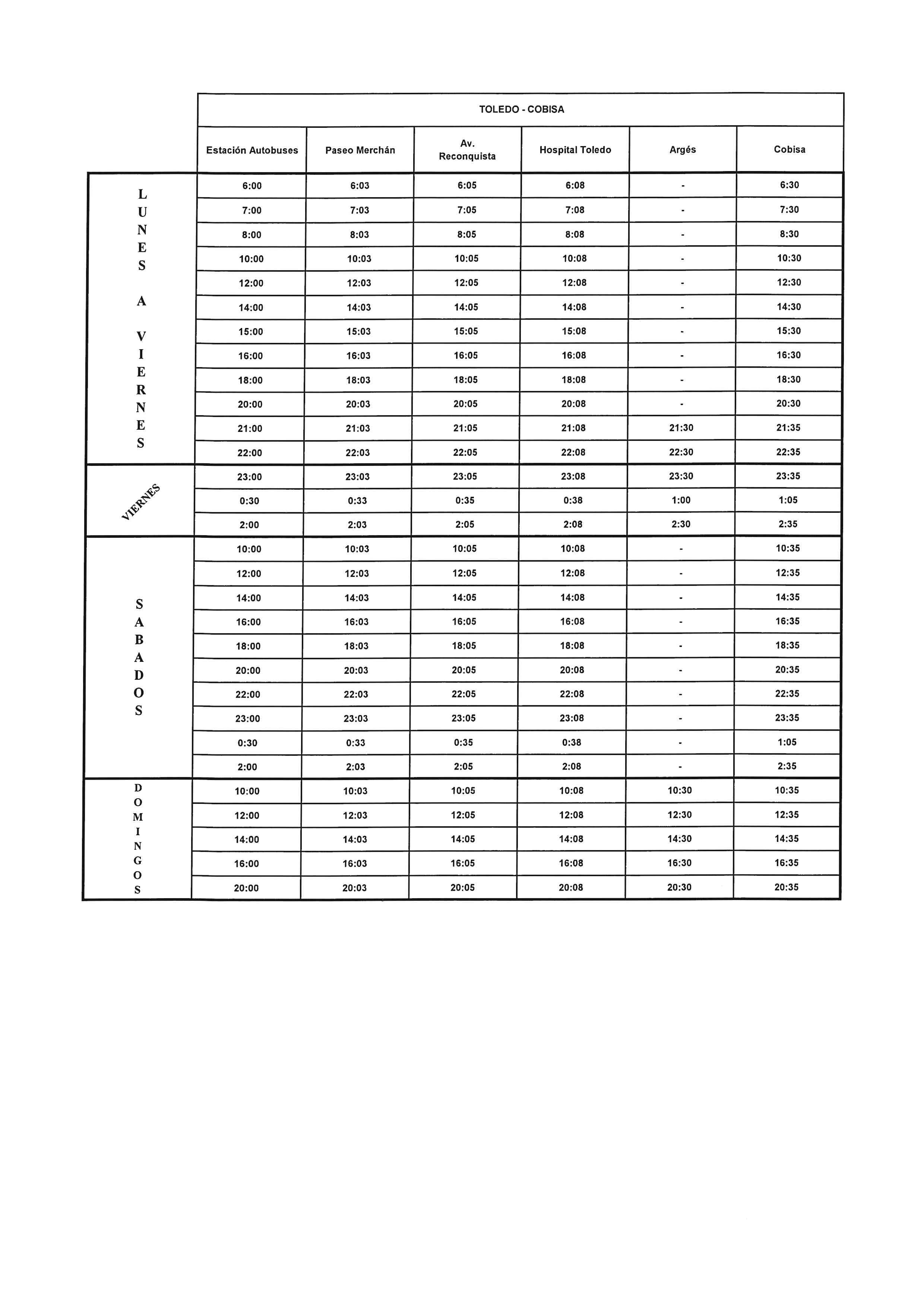 HORARIOS ASTRA TOLEDO - COBISA